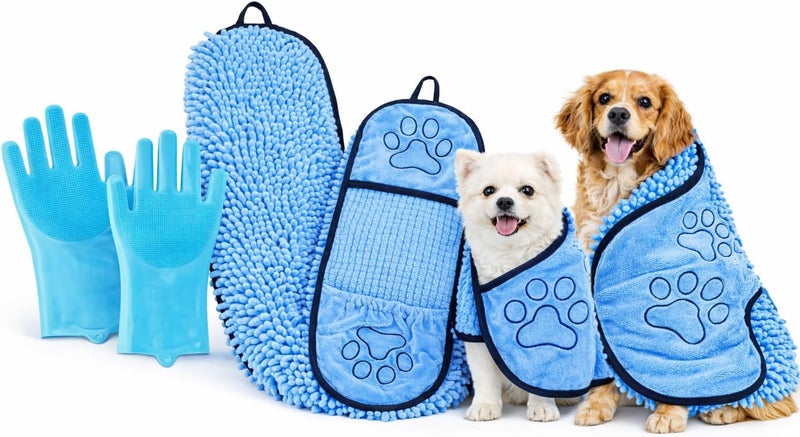 gemxtkg Super Absorbent Dog Bath Towel & Grooming Glove Set – Soft Chenille Dog Drying Towel for Small Dogs & Puppies, Quick Dry, Machine Washable, Non-Toxic, Blue - Image 5